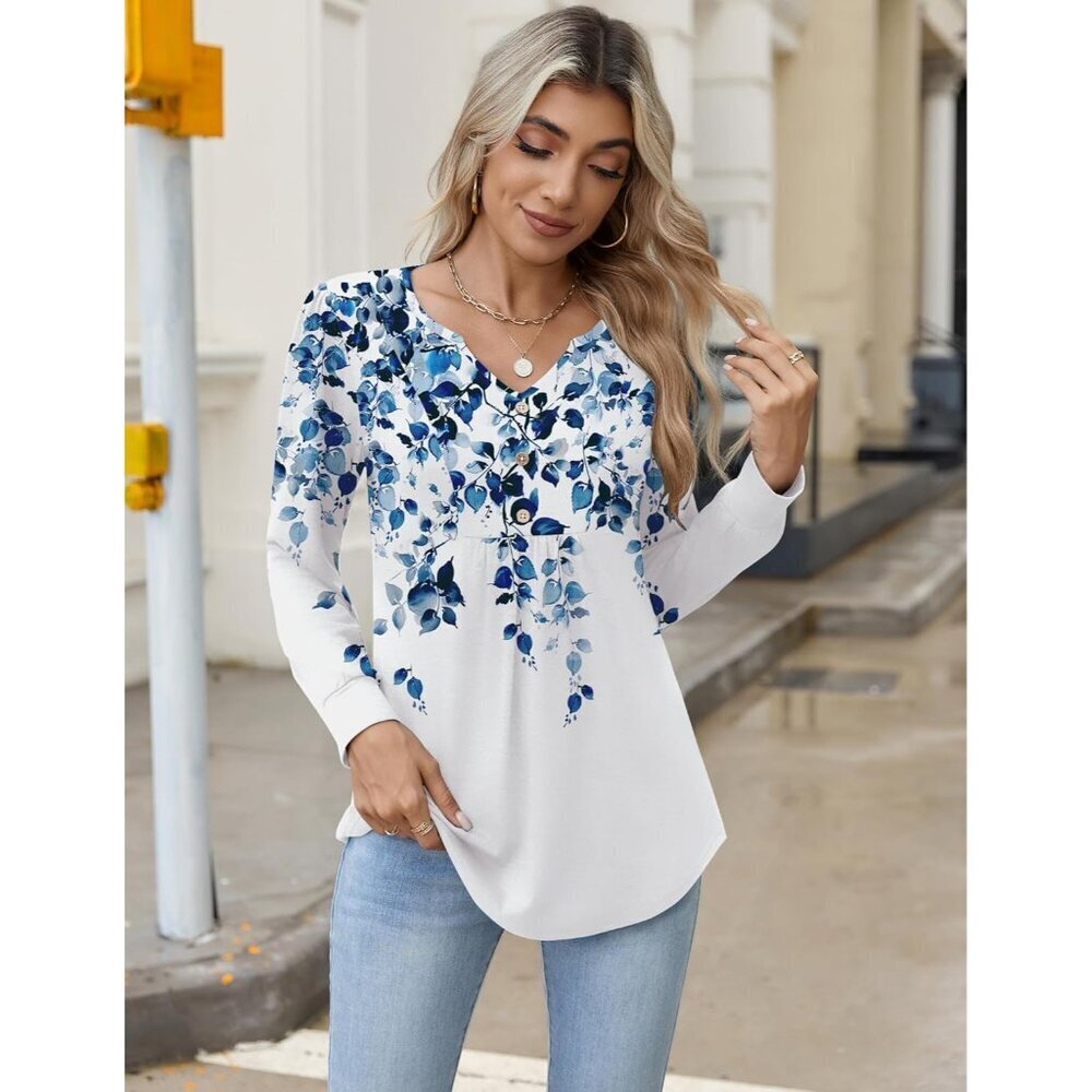 Long Sleeve Women's Shirt Polyester Spandex V-Neck Casual Fall Blouse - Picture 3 of 5